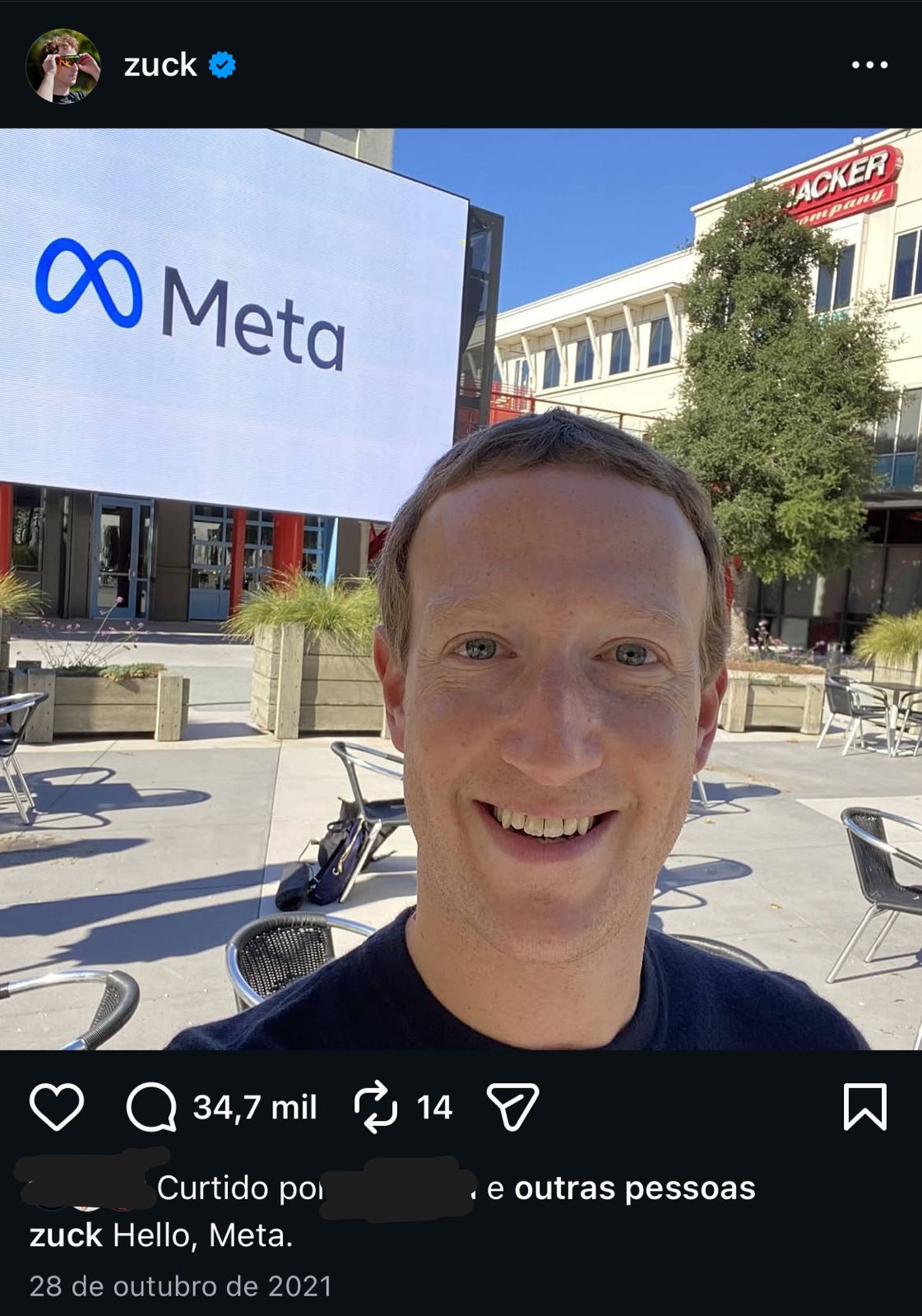 Print de post no Instagram de Mark Zuckerberg, uma selfie com o logo da Meta ao fundo, legenda Hello, Meta., 28 de outubro de 2021